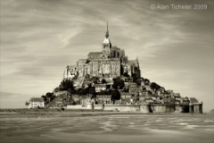 Mont Saint-Michel at Low Tide   (Mont Saint-Michel, France) : mon saint-michel, france, island, abbey, sepia, landscape, ticheler