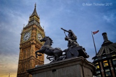 Boadicea and Her Daughters beneath Big Ben   (London, England) : london, england, big ben, statue, boadicea and her daughters, union jack