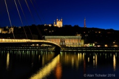 Basilique Notre Dame at Night Above the River Saône  (Lyon, France) : lyon, france, notre dame, saône, river, night, bridge, ticheler